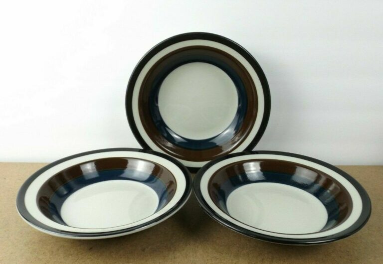 Read more about the article 3 Arabia of Finland Kaira 7 7/8″ Rimmed Soup Bowls Brown Blue Stripes (it#b3/2)