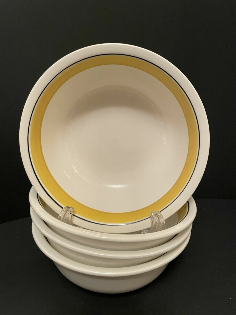 Read more about the article Arabia of Finland Faenza Yellow with Black Stripe Soup Bowls 6 1/4”- Set of 4