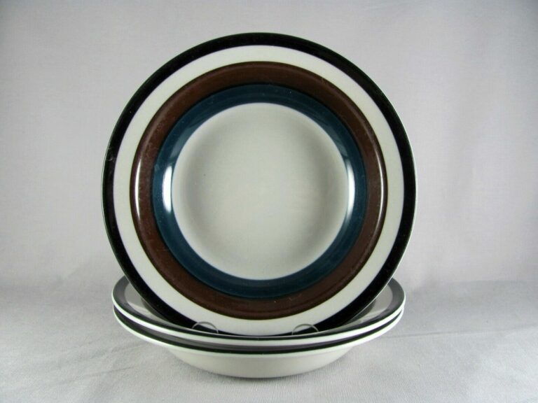 Read more about the article 3 Arabia Finland Kaira Soup Bowls  7-7/8″  blue brown bands