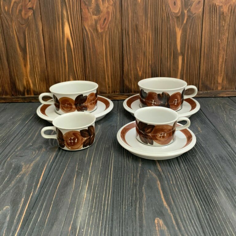 Read more about the article Arabia Finland Rosmarin anemone Brown tea cup coffee set vintage Ulla Procope