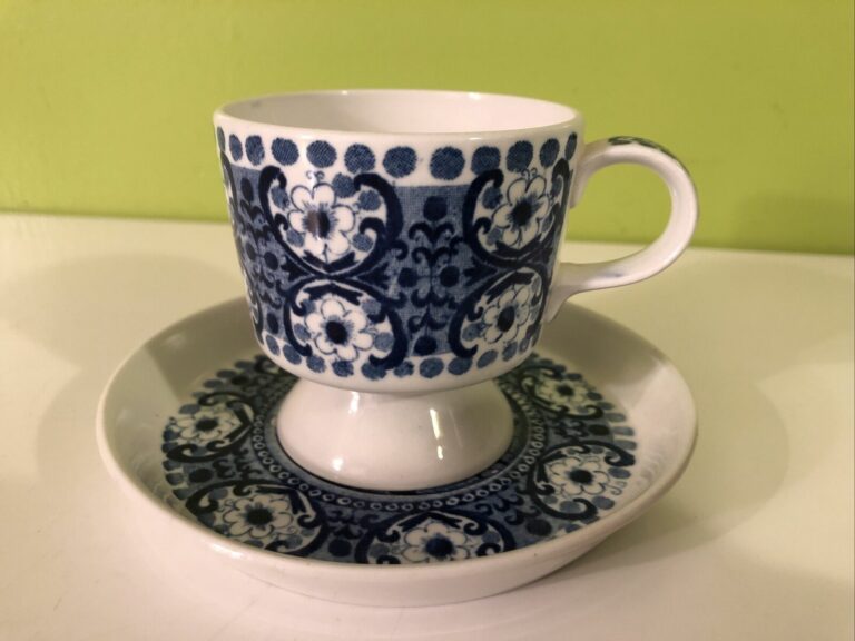 Read more about the article Vintage Arabia Finland Ali Blue Floral Footed Teacup 2 3/4” and Saucer 4 3/4”