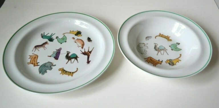 Read more about the article Arabia Finland Porcelain Plate and Bowl set Zoo Animal Parade kids mid century