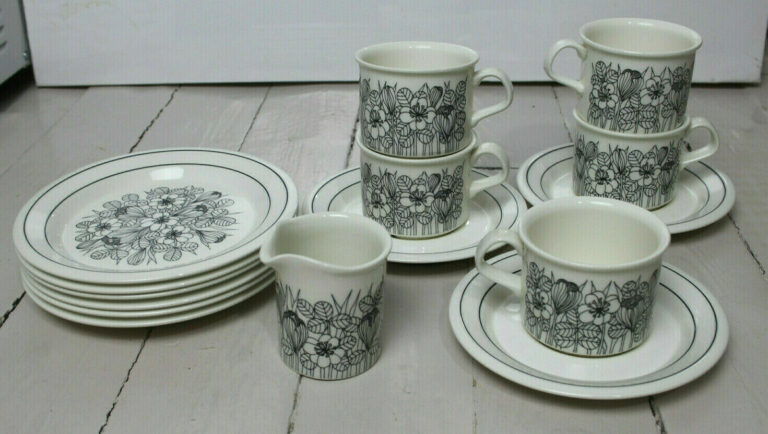 Read more about the article Arabia Finland Krokus Black and White SET – Cups and Saucers and Creamer and Cake Plates