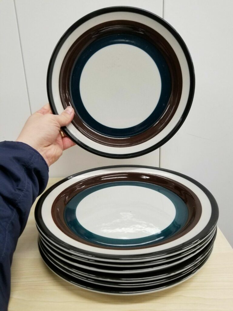 Read more about the article 7 Arabia Finland Kaira Pattern  10 Inch Dinner Plates Navy and Brown Ring