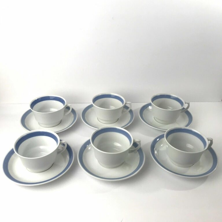 Read more about the article ARABIA Finland MCM Porcelain Ribbons Blue Stripe Demitasse Cup and Saucer Set 6