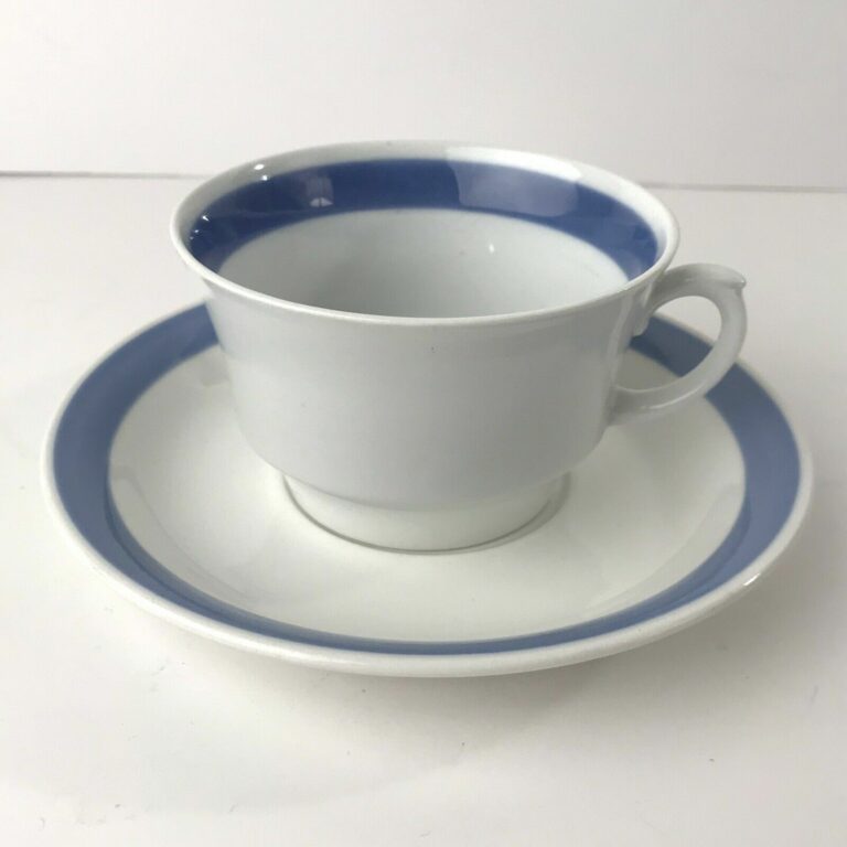 Read more about the article Arabia Finland Blue Band Stripe Ribbons White Demitasse CoffeeTea Cup and Saucer