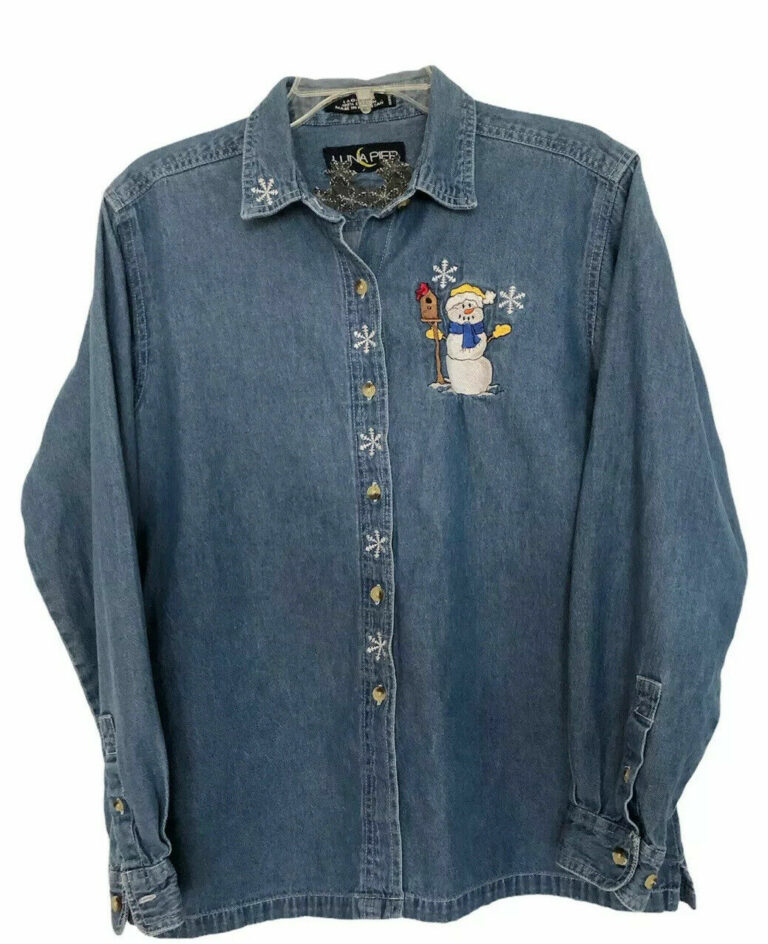 Read more about the article Vintage Luna Pier Blue Denim Snowflake Applique Shirt Women’s M