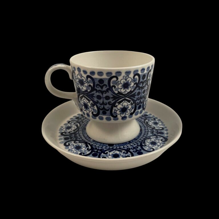 Read more about the article Arabia Finland Footed Cup and Saucer ALI Blue on White Demitasse
