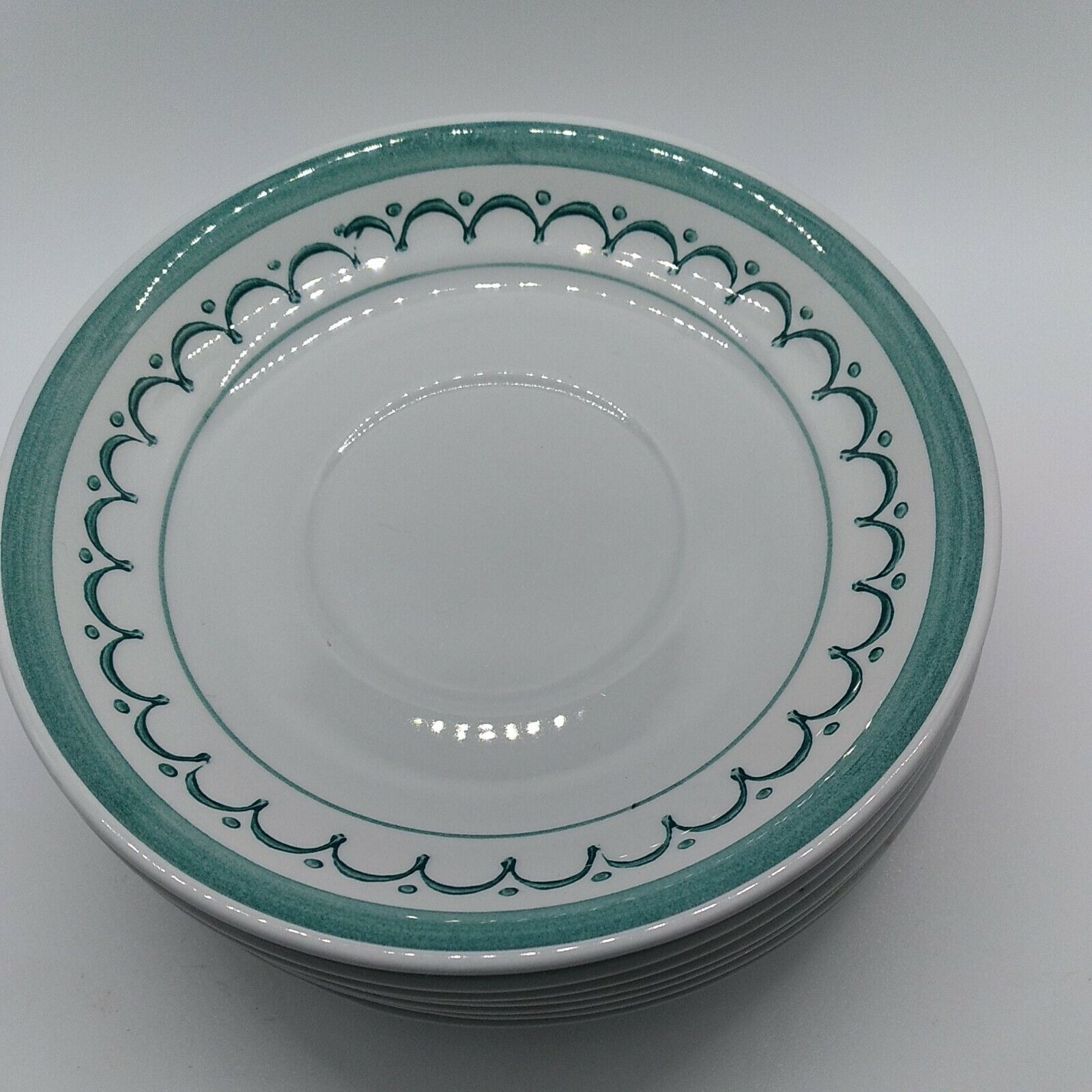 Read more about the article Vintage Arabia Finland Green Thistle Rim Saucers MCM 6 inches