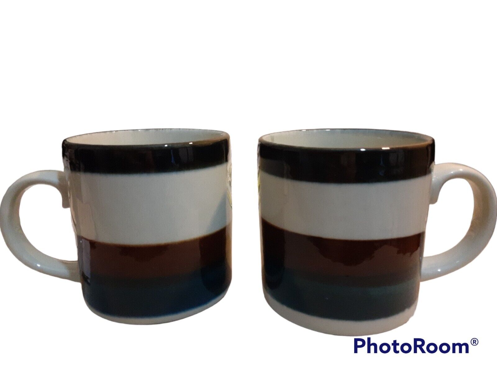 Read more about the article 2 Vtg Arabia Finland Kaira Brown Blue Stripe Stoneware Coffee Cups Mugs 3.75″