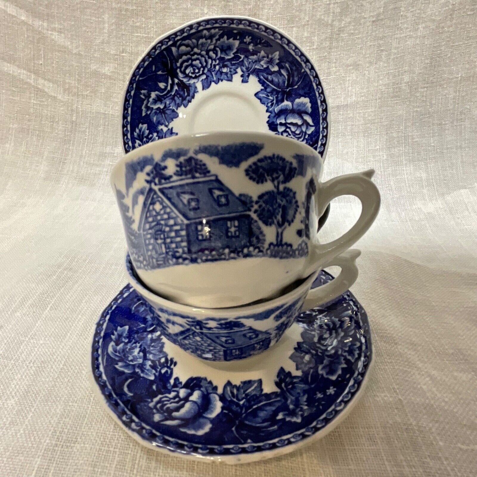 Read more about the article 2 Blue and White Demitasse Cup and Saucer Sets by Arabia of Finland LANDSCAPE BLUE