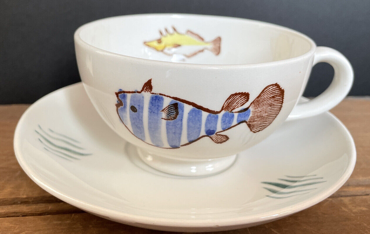 Read more about the article Arabia Made Finland Aquarium Aquatic Fish tea cup and saucer MCM Hand Painted