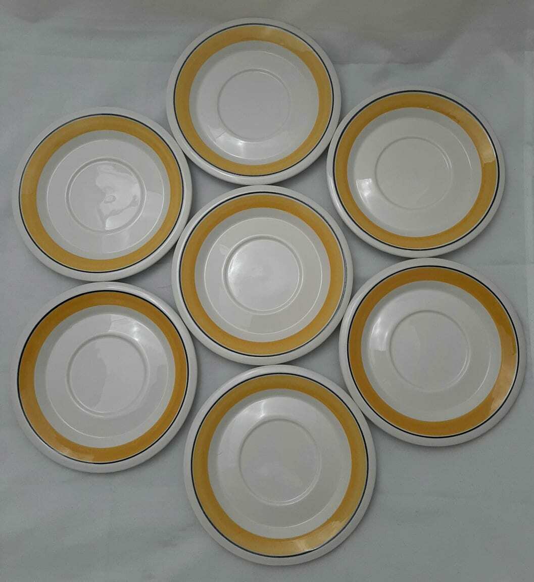 Read more about the article Set Of 7 Vintage Arabia of Finland Faenza Yellow and Black Stripe Saucers