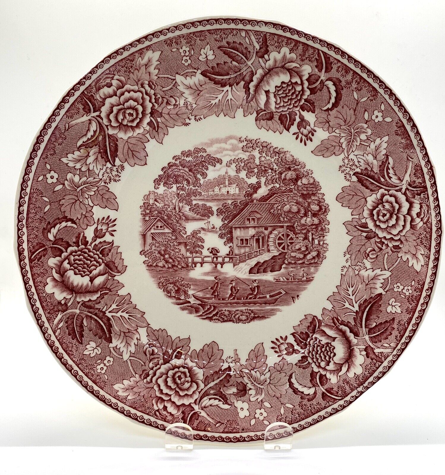 Read more about the article Vintage Arabia Finland Red Floral Landscape Mill Transferware Dinner Plate