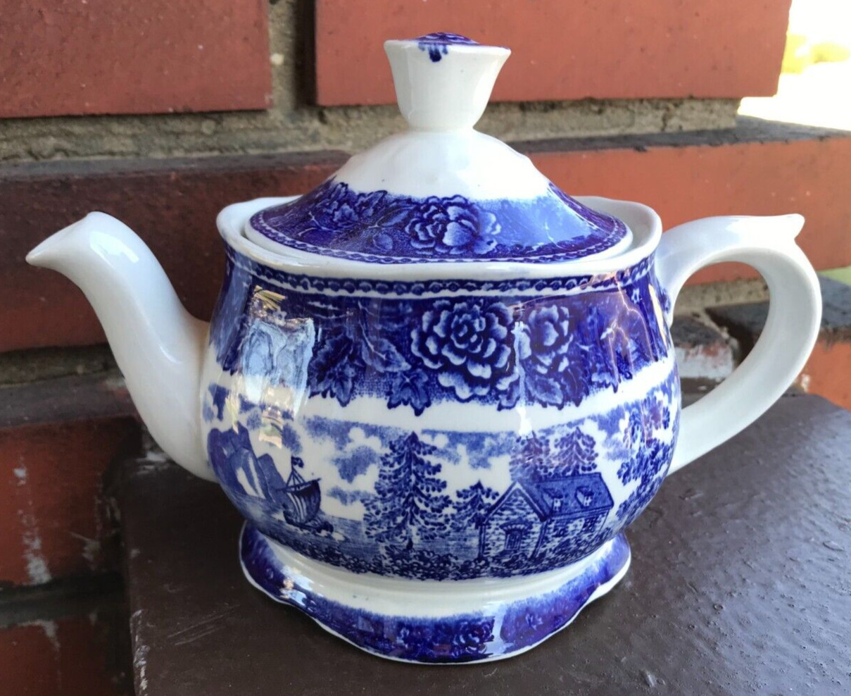 Read more about the article Blue Landscape Teapot Arabia Made in Finland Blue and White