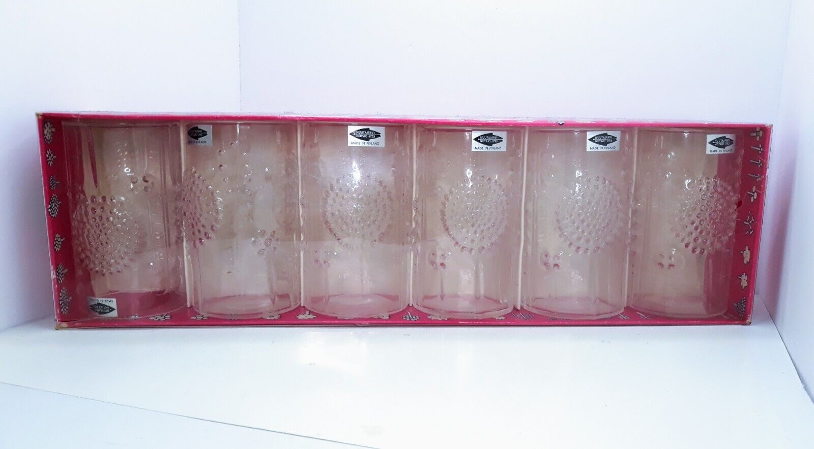 Read more about the article Nuutajarvi Wartsila ARABIA Finland 4.25″ Clear Glass Flora Tumblers ORIGINAL BOX