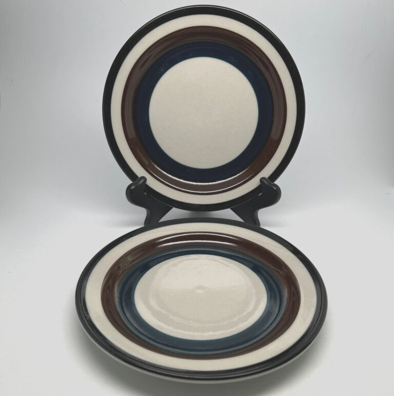 Read more about the article 2 Arabia of Finland  Kaira 8″ Salad Plates with Brown and Blue Bands  Qty Discount