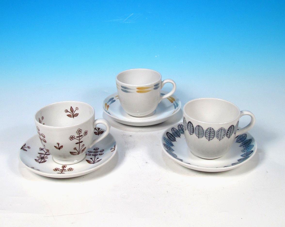 Read more about the article Arabia Finland SET (3) Demitasse Cups Saucers MCM Tapestry Linnea Tipla Patterns