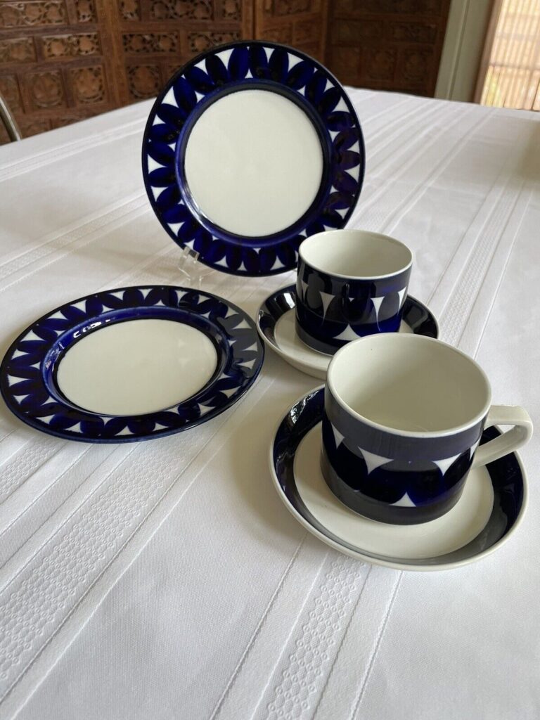 Read more about the article 2 sets Vintage Sotka Blue Arabia of Finland Coffee Cup  Saucer and 6 3/4” Salad Pl