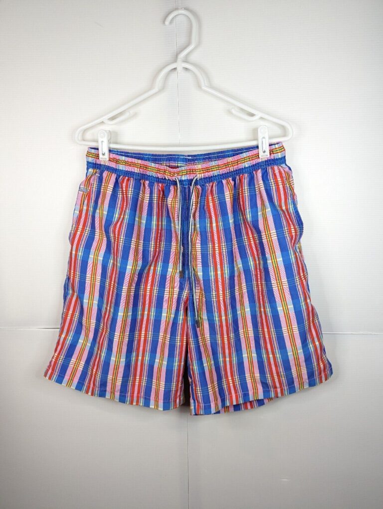Read more about the article Peter Millar Blue Retro Colorful Plaid Mesh Lined Swim Trunks Mens L x 7.5″