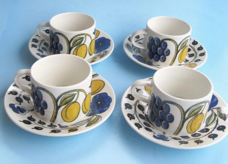 Read more about the article 4 Cup and Saucer Set Arabia of Finland Paratiisi Porcelain Blue Yellow  8 pieces