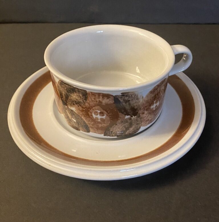 Read more about the article Vintage 1970s  ARABIA FINLAND Rosmarin Anemone Brown Flat Cup Saucer Set