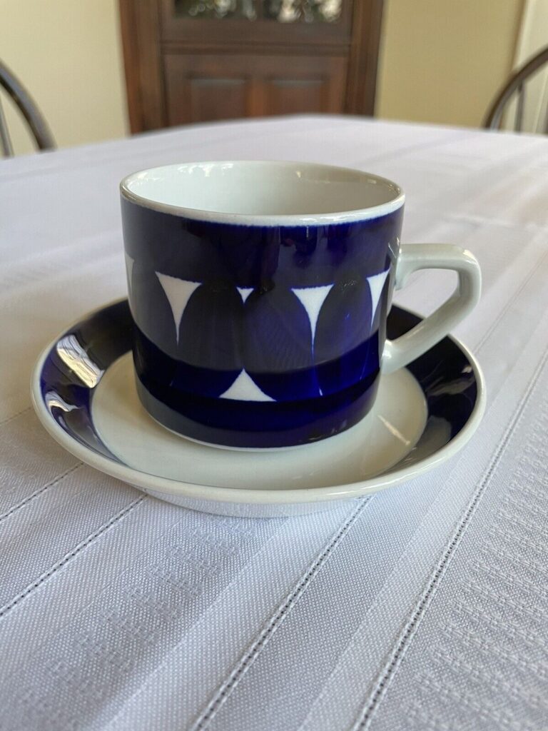 Read more about the article Vintage Sotka Blue Arabia of Finland Coffee Cup and Saucer  hand painted.