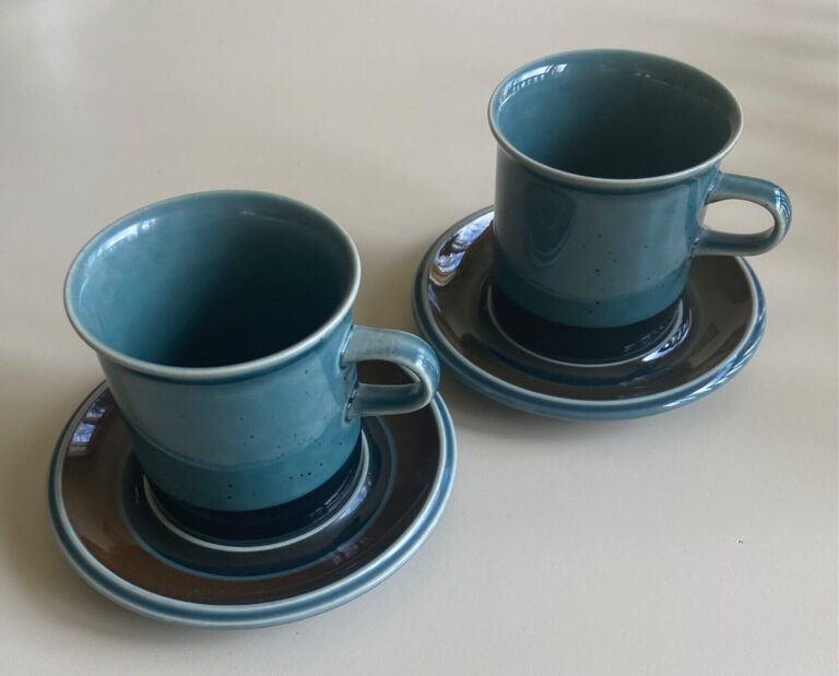 Read more about the article Arabia Finland  Meri Blue  Vintage  Two Cup and Saucer sets  excellent condition