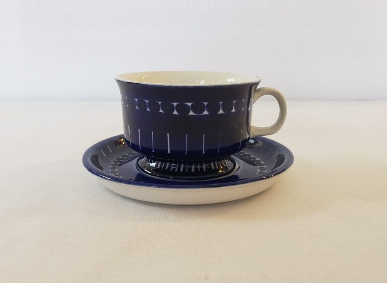 Read more about the article Arabia Finland Valencia Blue Demitasse Cup And Saucer Hand Painted Ulla Procope