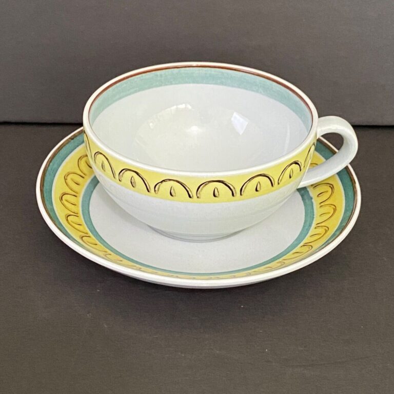 Read more about the article Vintage Arabia of Finland Crown Band Flat Cup and Saucer ~ Yellow  Green  Black