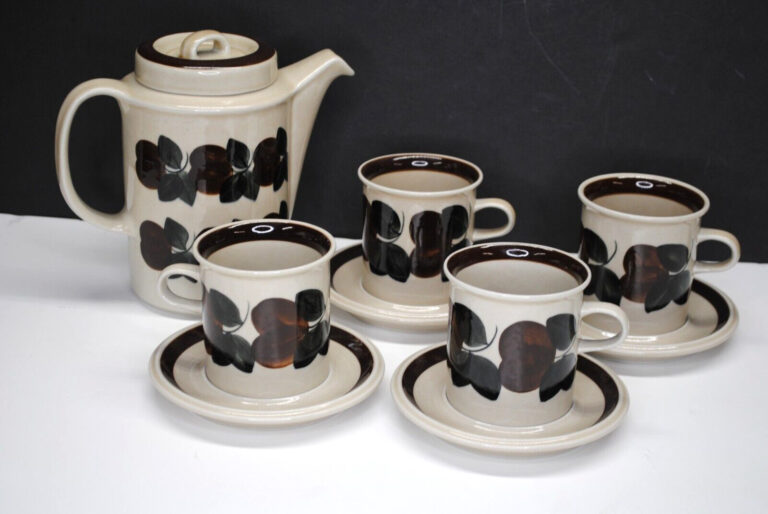 Read more about the article NEW-COLLECTIBLE ARABIA FINLAND RUIJA TROUBADOUR COFFEE POT FOUR CUPS and SAUCERS