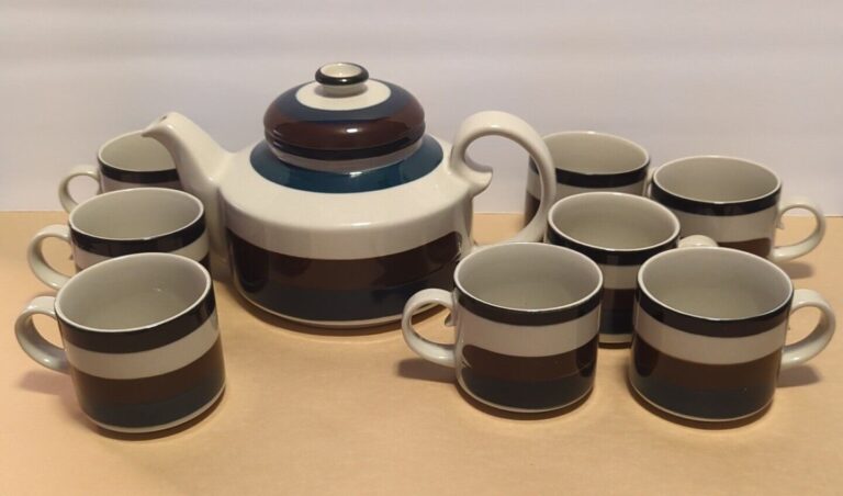 Read more about the article Arabia Finland Kaira Anja Jaatinen 8 Tea Cups and Tea Pot w/ Infuser  Vintage 1970