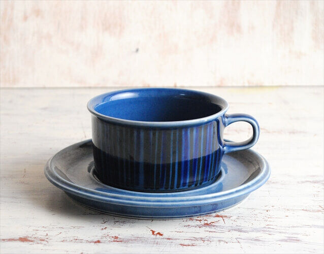 Read more about the article ARABIA #73 Cosmos Blue Tea Cup and Saucer KOSMOS Finland Vintage Antique