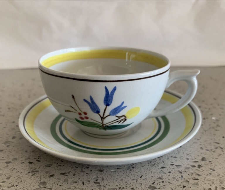 Read more about the article Arabia of Finland Delicate Cup Saucer Set Blue Flower Yellow Stripes Windflower