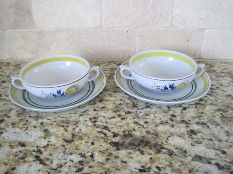 Read more about the article SUOMI Arabia Wind Flower Finland Soup Bowl Handle W/ Plate Set 2
