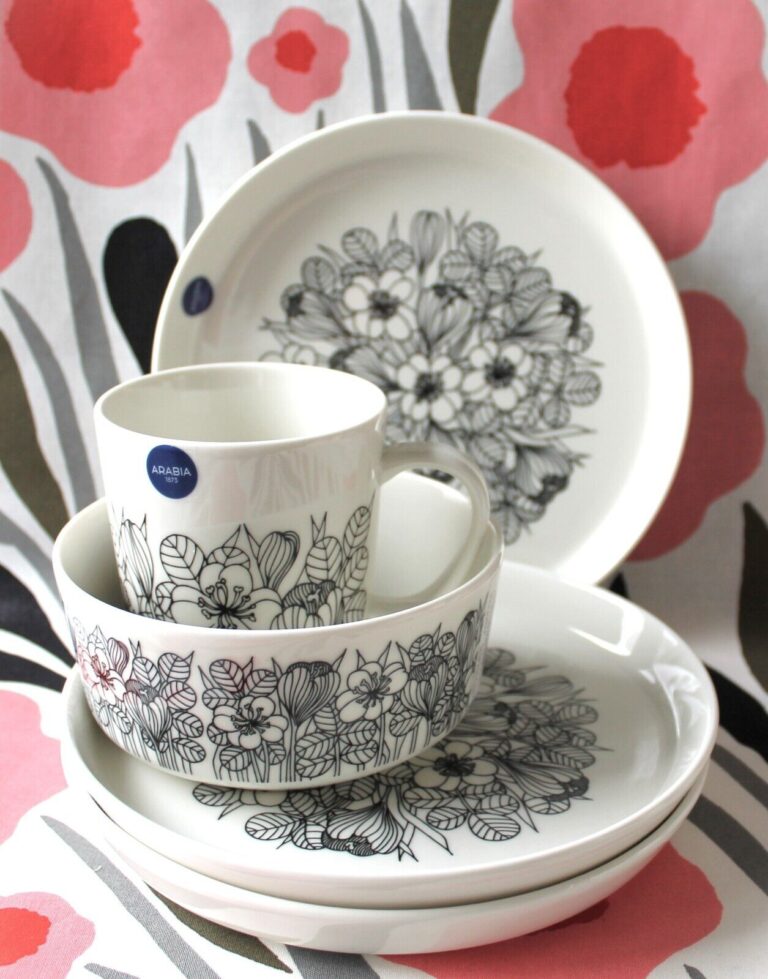 Read more about the article Set of 3 BW Krokus plates  1 bowl and 1 mug from Arabia Finland