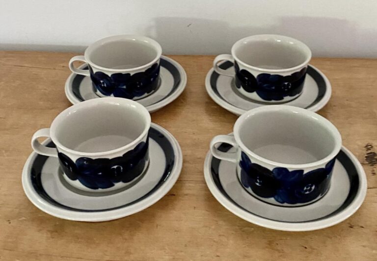 Read more about the article 4 Arabia Finland Ulla Procope Blue Anemone Flat Cup and Saucer Sets