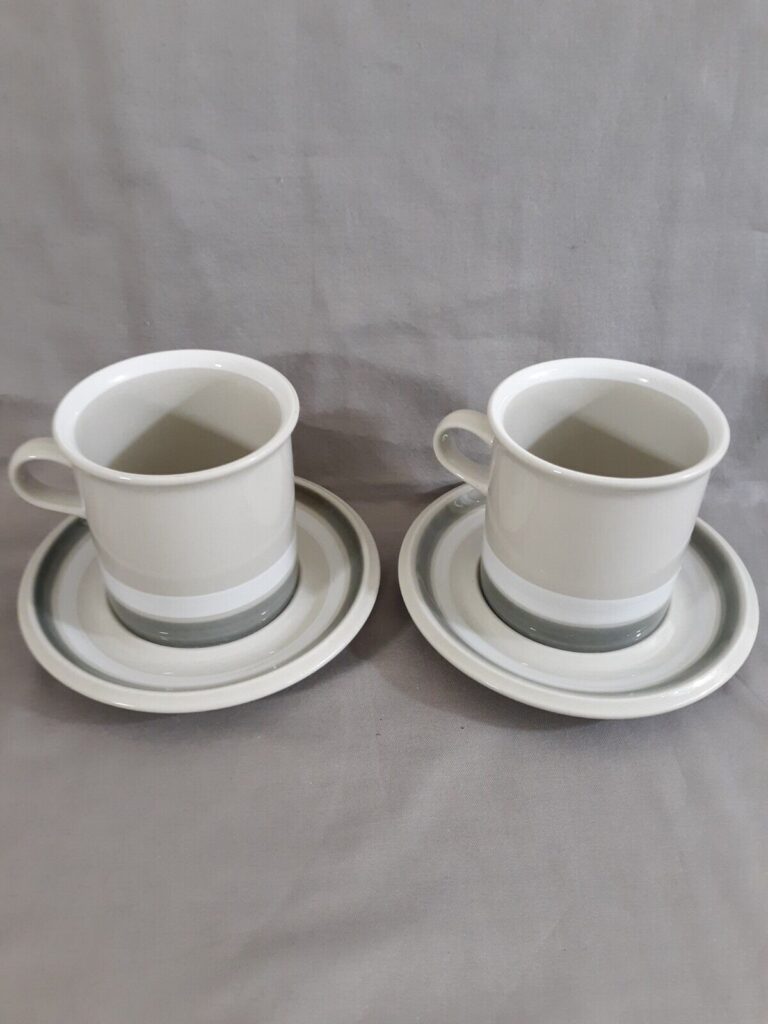 Read more about the article Arabia Finland 2 SALLA Flat Mugs and Saucers Sets  Green Gray Bands Stoneware