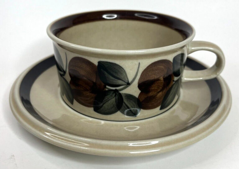 Read more about the article Arabia Finland Ruija Troubadour Flat Cup and Saucer Fruit Leaves Pottery China EC