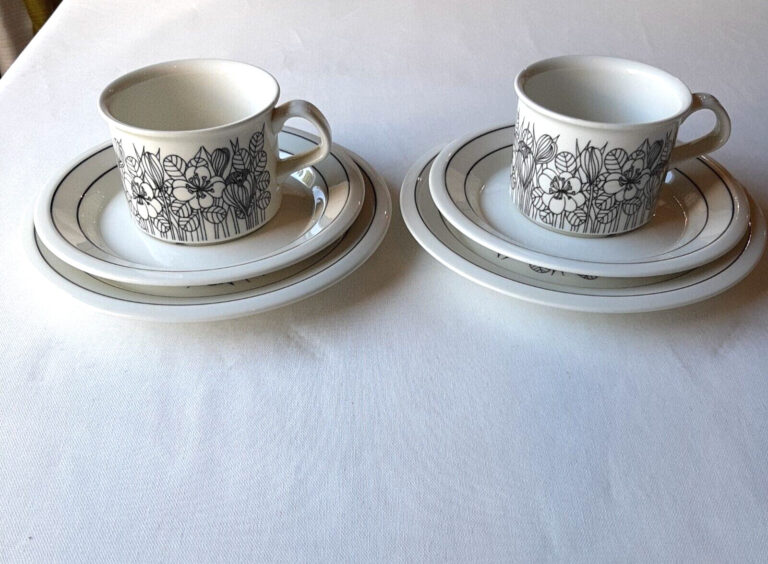 Read more about the article Arabia Finland Krokus Set of 2 Coffee Cups  Saucers and Cake Plates