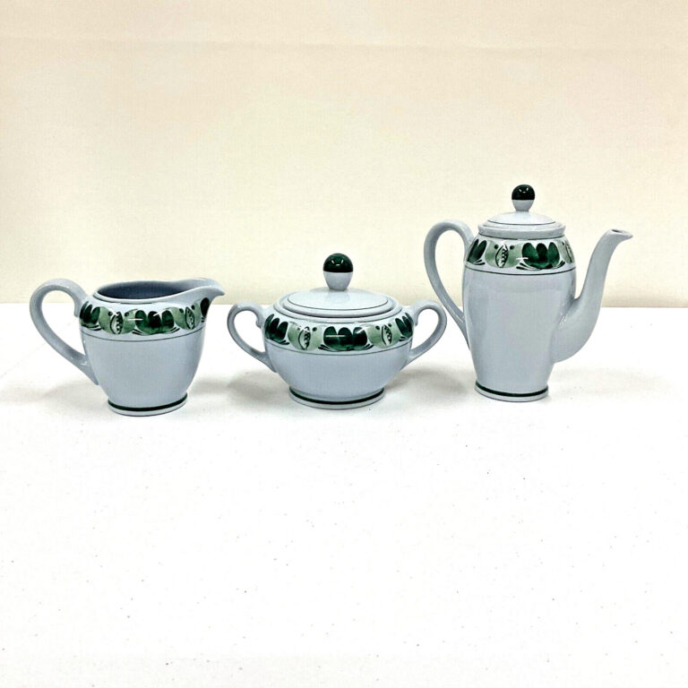 Read more about the article Arabia Finland Green Laurel Teapot  Cream  and Sugar Set