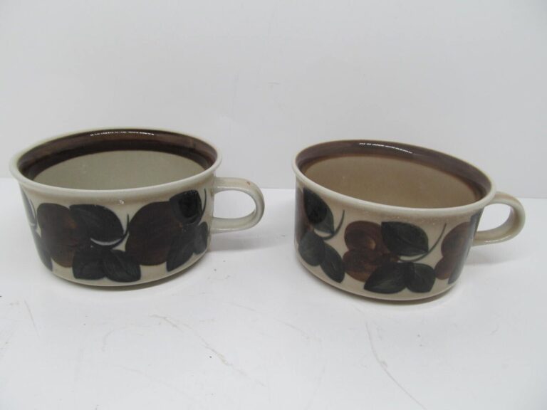 Read more about the article Arabia Finland Ruija Troubadour4″ W X 2 1/8″ T Set Of 2 Flat Coffee Cups VGC