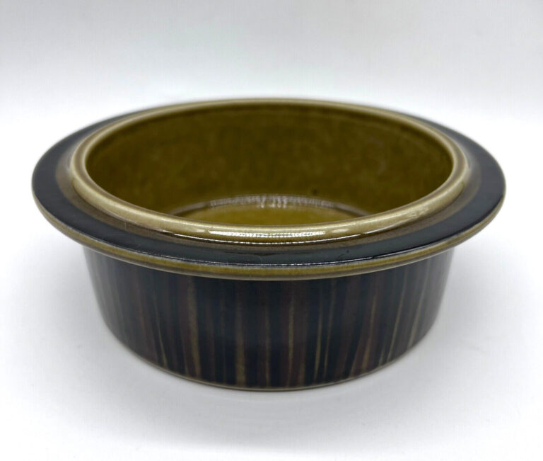 Read more about the article Arabia Kosmos 7-1/4″ Rimmed Vegetable Bowl Black Brown Green Striped Finland