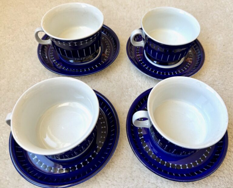 Read more about the article 4 Mint Arabia Finland Valencia 2.5″ Footed Cup and Saucer Sets Blue Ulla Procope