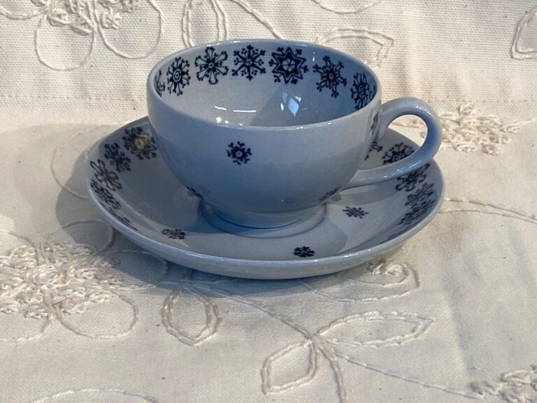 Read more about the article Arabia Finland Blue Snowflake Pattern on Gray Espresso Cup Saucer 1949-1964