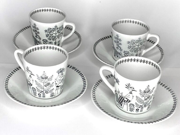 Read more about the article Vintage ARABIA Finland EMILIA Cups and Saucers  Raija Uosikkinen Set of 4