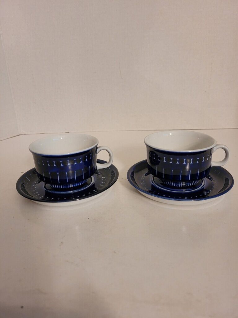 Read more about the article 2 Arabia Finland Valencia Blue Demitasse Cup and Saucer Hand Painted Ulla Procope