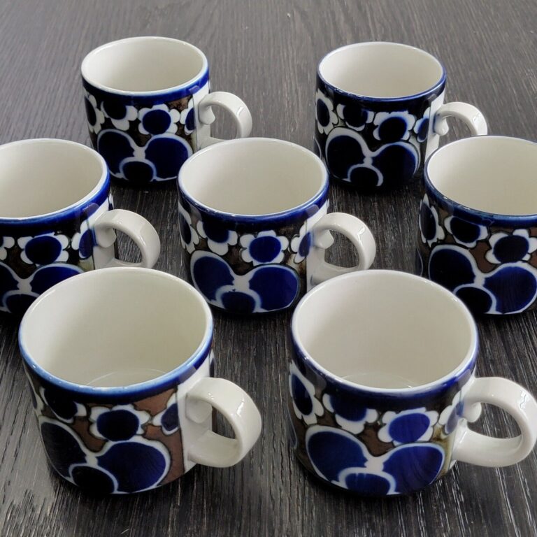 Read more about the article Lot Of 7 Arabia Wartsila Finland “Saara” 2.5″ Coffee Mugs Blue Brown Floral