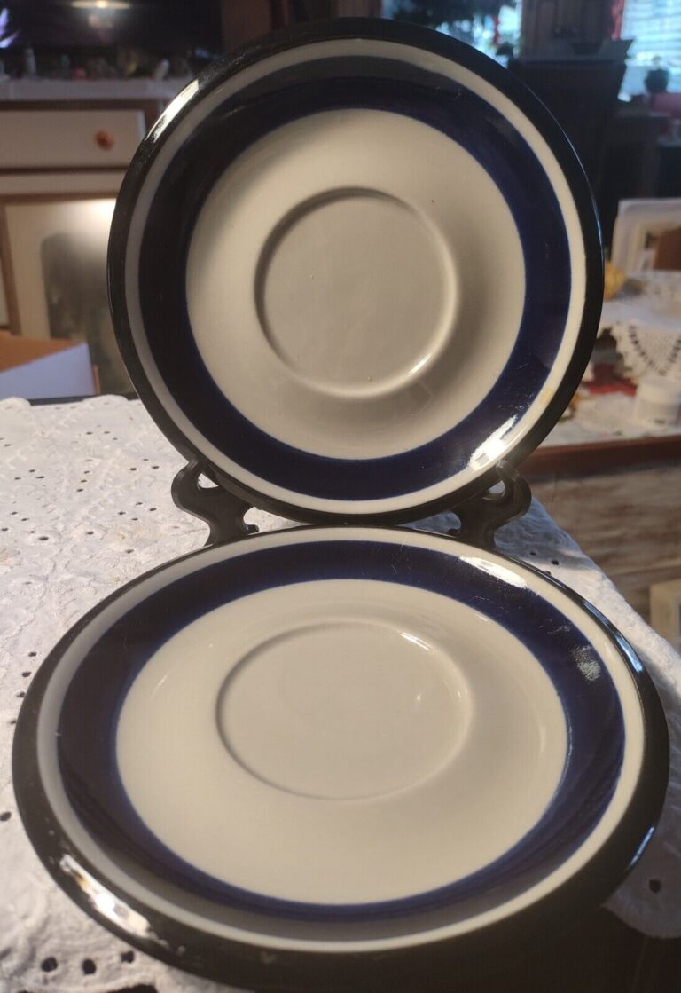 Read more about the article Arabia Saara Stoneware (2) 6 Inch Grey Cobalt Blue and Blk Saucers FINLAND #37