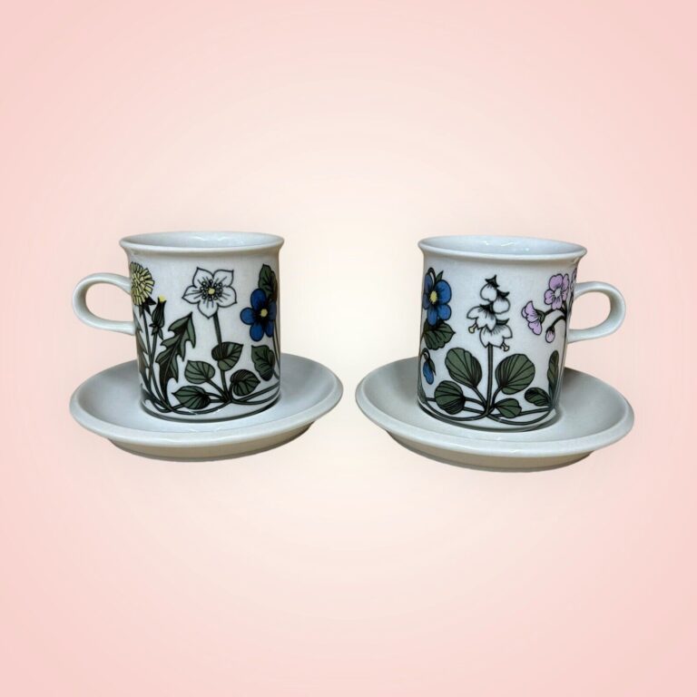 Read more about the article Set of 2 Vintage MCM Arabia of Finland Flora Espresso Cups Mugs With Saucers EUC